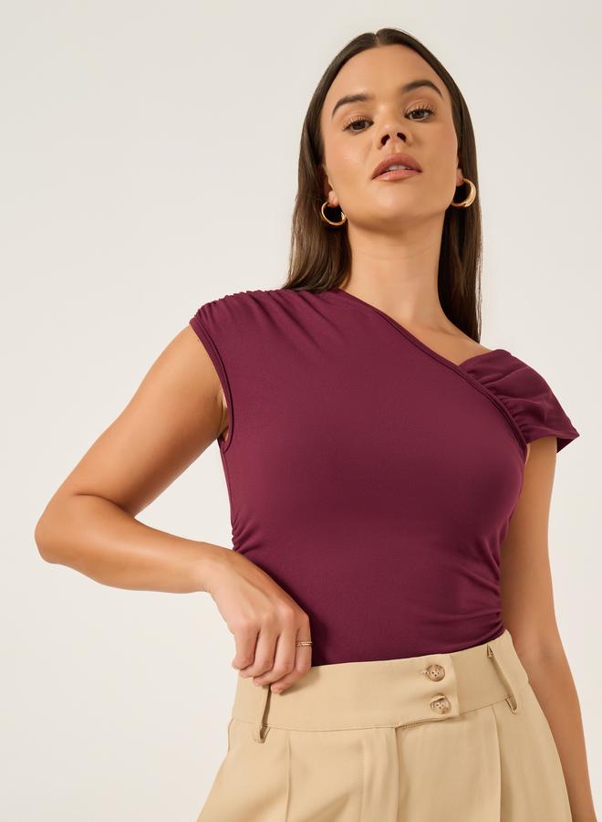 Styli Solid Asymmetric Neck Side Ruched Detail Bodysuit - Image 1